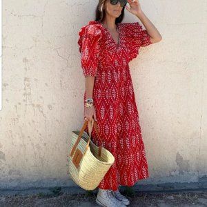 Zara Openwork Embroidered  Midi Dress Blogger Fave Red White Size Medium
